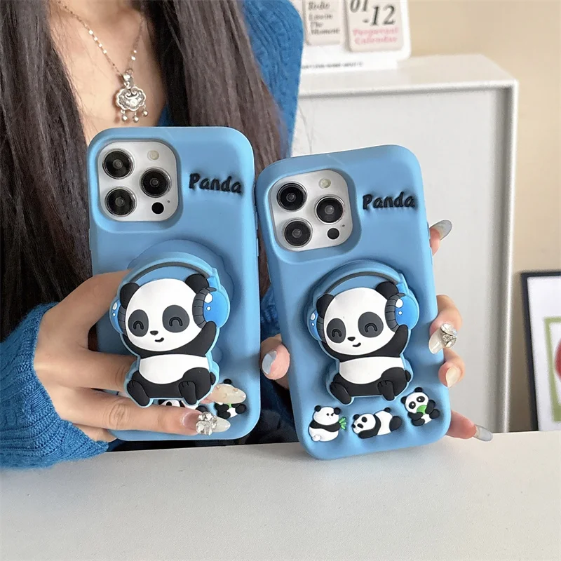 Cartoon Headset Panda Soft Silicone Telescopic Bracket Phone Case For iPhone Shockproof Protective Cover.