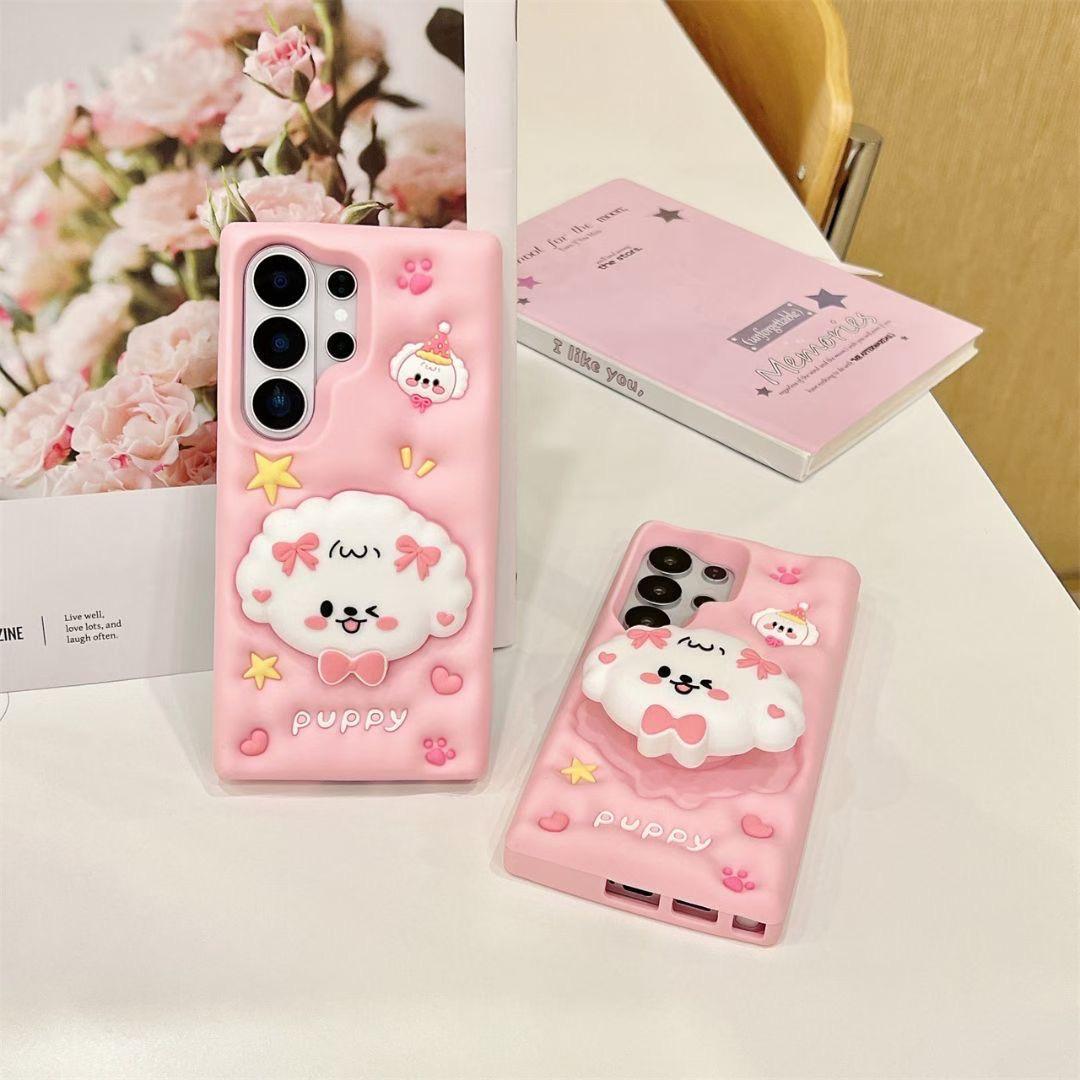 3D Cute Pink Bow Puppy Silicone Phone Case